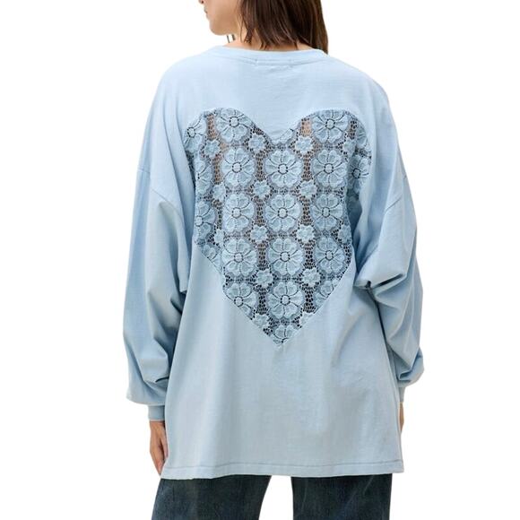 DAYDREAMER Lace Heart Back Long Sleeve Blue Tee, One Size, New w/o Tag MSRP $88 - Picture 1 of 12